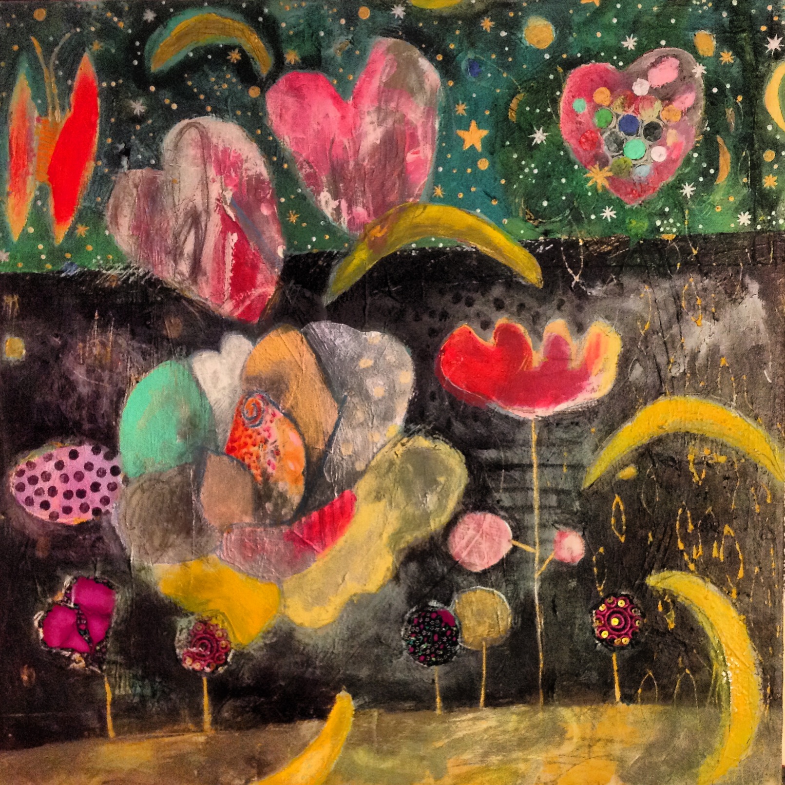 Moon, hearts, butterfly and flowers